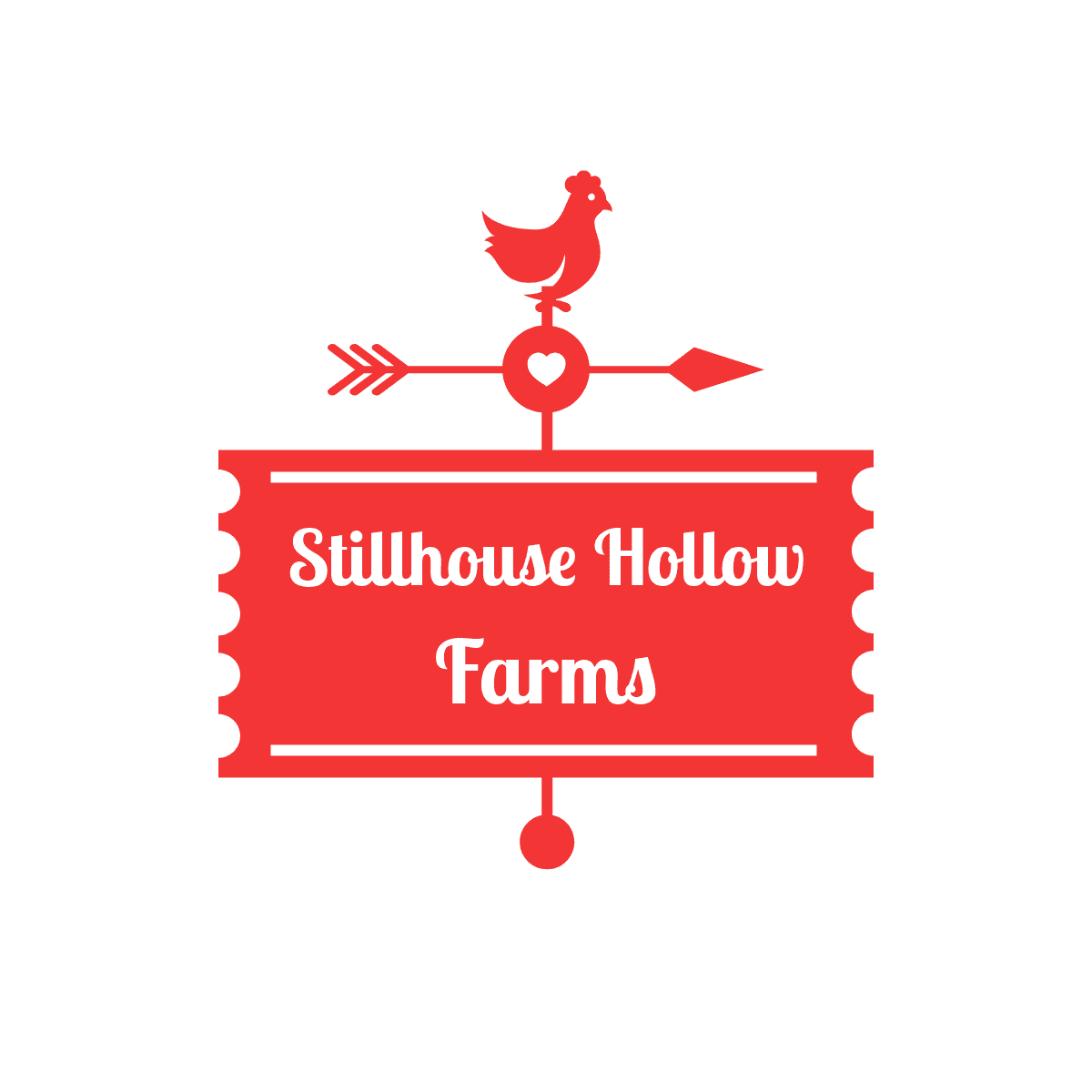 Stillhouse Hollow Farms logo, a red chicken-topped weathervane